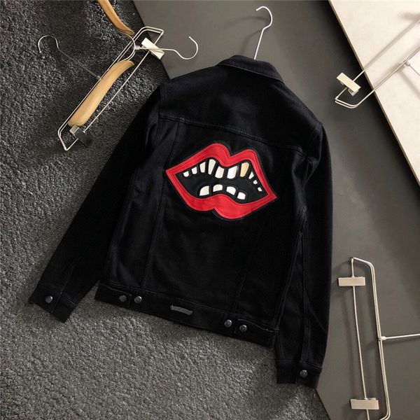 

ins20 осенью и зимний кросин язык печати мужская лацкан с длинным рукавом джинсовая куртка ветровая пальто, Black