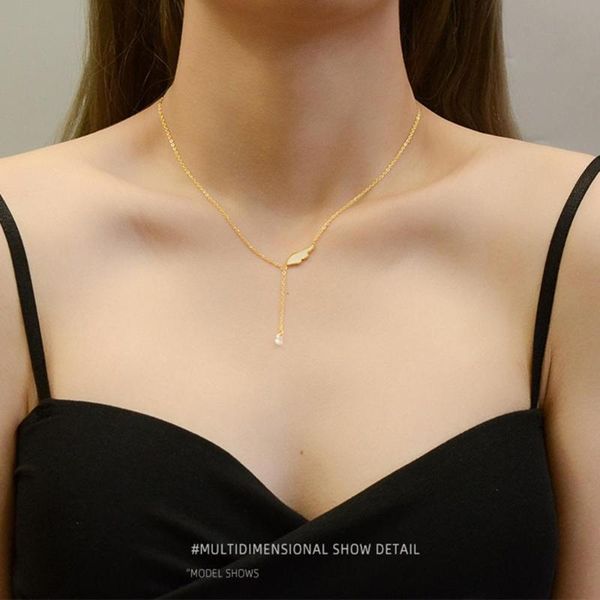 

titanium steel zircon pearl choker necklace elegant sweet shell angel wing tassel pendant clavicle chain necklace women jewelry, Silver