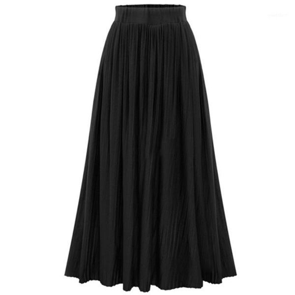 

retro elastic pleated fashion long chiffon solid high waist vacation summer women skirt1, Black