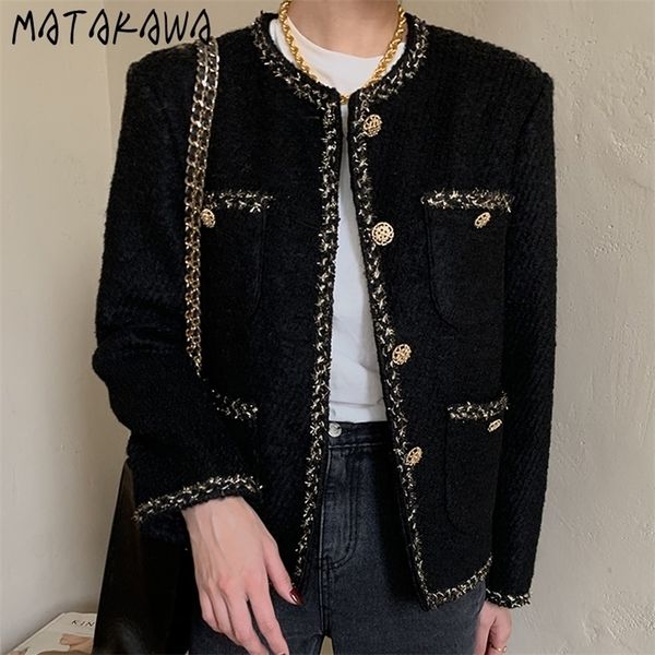 

matakawa korean round neck trim woolen coat woman single breasted loose multi-pocket long sleeve fall clothes for women 201216, Black