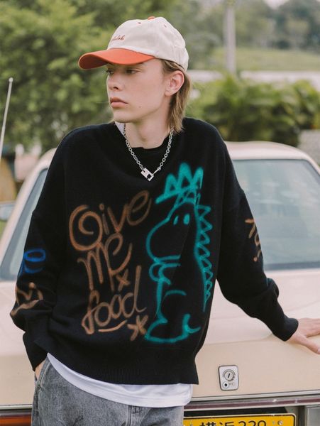 

men cartoon and letter pattern drop shoulder sweater 02ic#, White;black