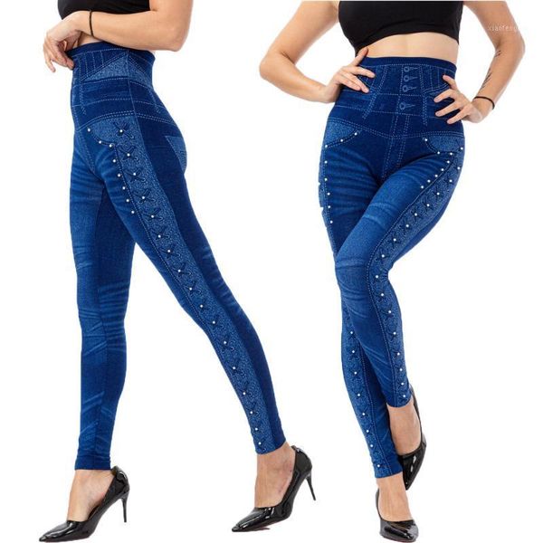 

2020 high waist beaded imitation denim leggings stretch slim ankle-length pants1, Black