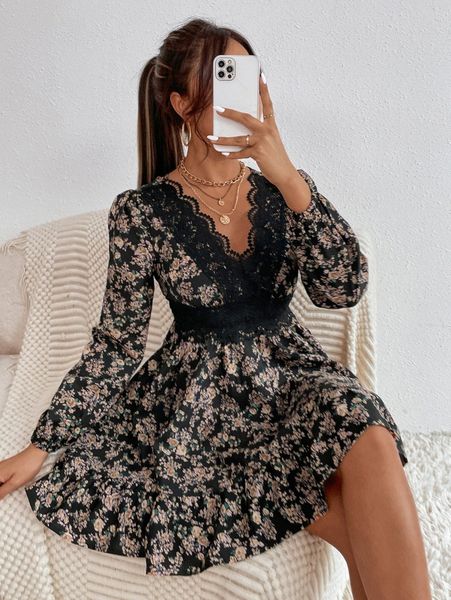 

petite floral print guipure lace insert lantern sleeve dress 26fn#, Black;gray