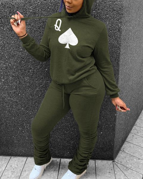 

knitwear casual poker print two-piece hoodie and pants set, White