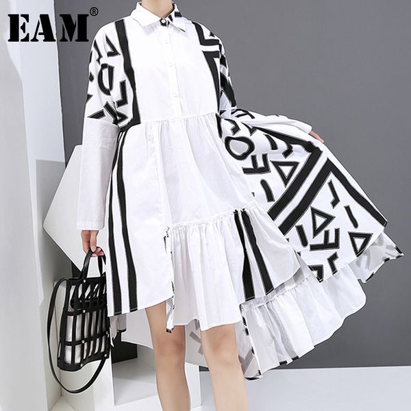 

[eam] women white pattern printed big size shirt dress new lapel long sleeve loose fit fashion tide spring autumn 2020 lj201203, White;black