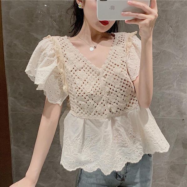 

roupas feminina summer women blouse new crochet lace embroidery shirt ruffled v neck hollow out casual clothing, White