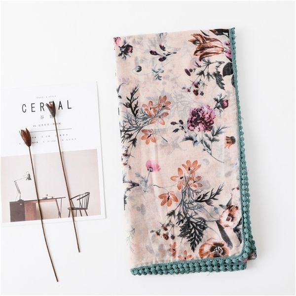 

sparsil women spring cotton linen scarf flower print short tassel soft wraps summer sun protection beach shalws long scarves y201007, Blue;gray