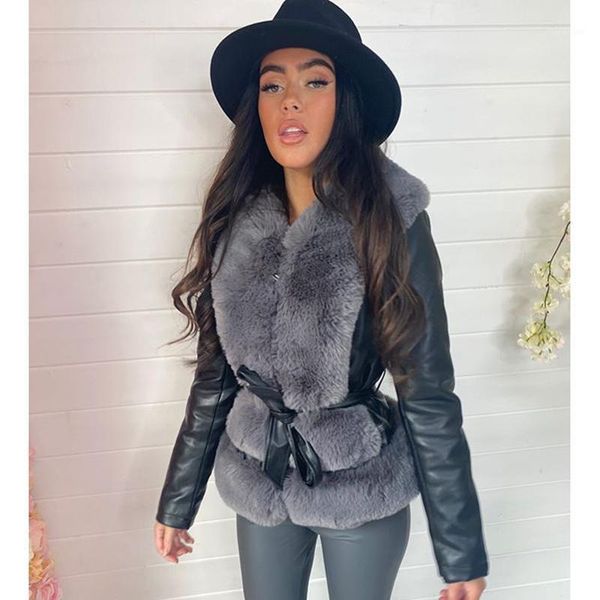 

malina fashion autumn winter tie belt slim jackets women elegant solid coats women faux fur collar patchwork jackets ladies1, Black