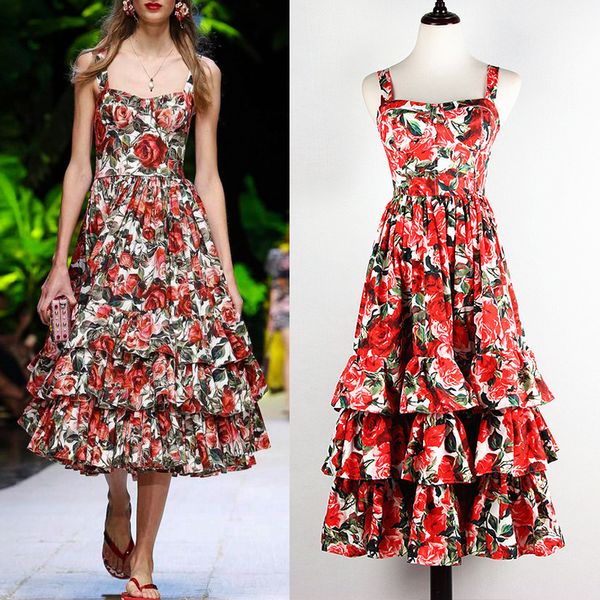 

2020 summer new fashion red rose print lotus leaf side cascading cake type harness beach style women dress y0118, Black;gray