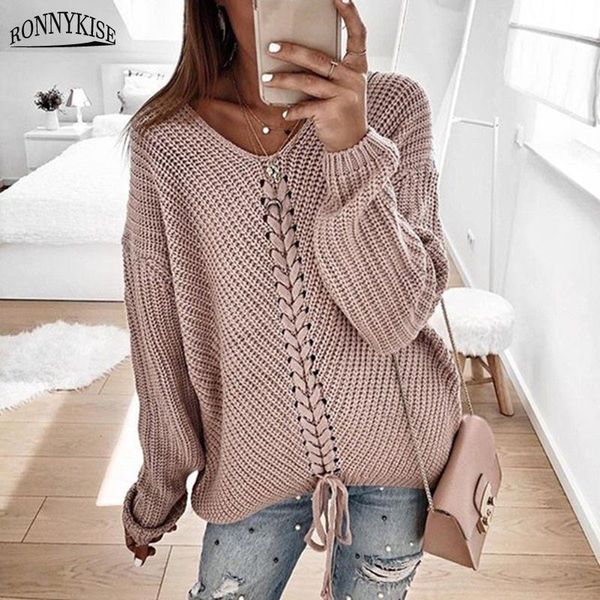 

ronnykise v-neck lace up knitted sweaters long sleeve solid stitching loose sweater autumn winter casual sweaters, White;black