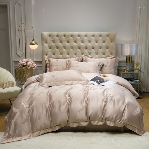 

bedding sets 2021 silk cotton jacquard feather set embroidery shiny duvet cover bed sheet pillowcases  king size 4pcs1