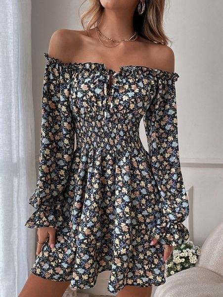 

allover floral print tie front shirred waist dress x6uc#, Black;gray