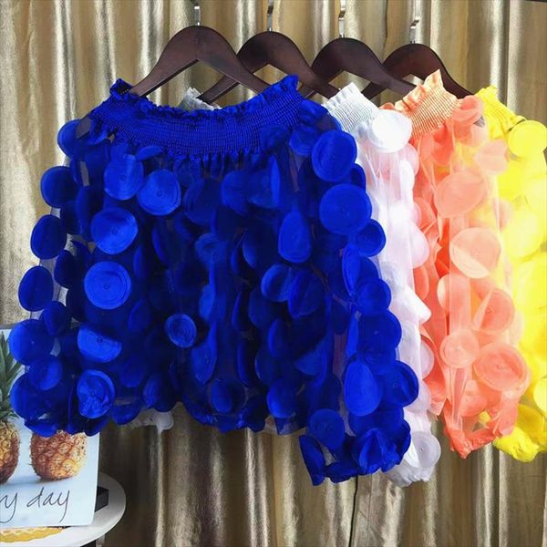 

slash neck women 2020 new korean spring puff sleeves see through gauze sweet shirts fashipn appliques female blouse, White