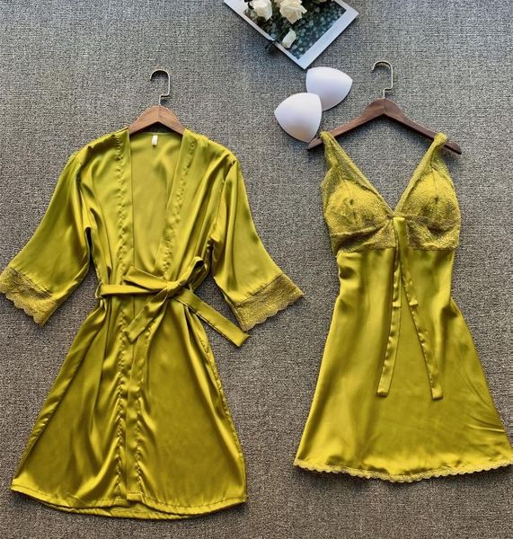 

women's sleepwear nightgowns ice silk robe two-piece set long-sleeved lace home dress sets women, Black;red