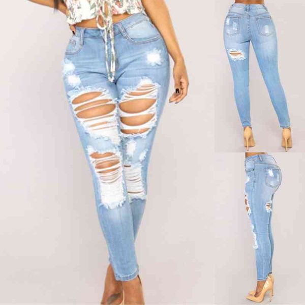 

women's high waist torn jeans, solid color tight jeans, summer fashion, 2022, Blue