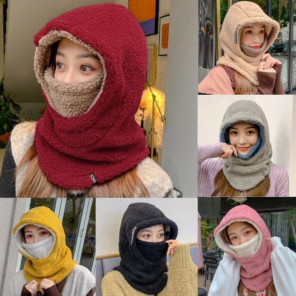 

beanie/skull caps winter cotton hat warm thicken ear neck protection beanies women hooded collar removable drawstring fashion chapeau, Blue;gray