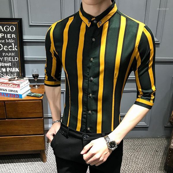 

yasuguoji new 2020 summer fashion slim fit shirt men roll up sleeve shirt men black and yellow contrast color striped1, White;black