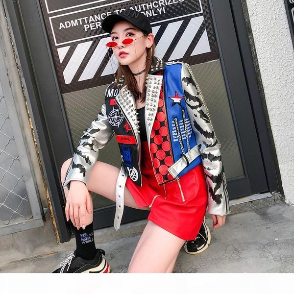 

jacket autumn women long sleeve 2019 fashion stud turn-down collar faux leather crop jackets ladies zipper coat, Black;brown