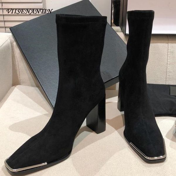

boots flock leather high-heeled square toe women stretch real metal thick-heeled spring autumn designer brand short boot, Black