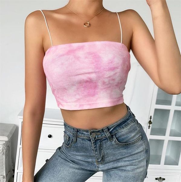 

2020 crop womens tie-dye printed sling strappy tanks vest fashion bandeau slim stretchy sleeveless camisoles, White