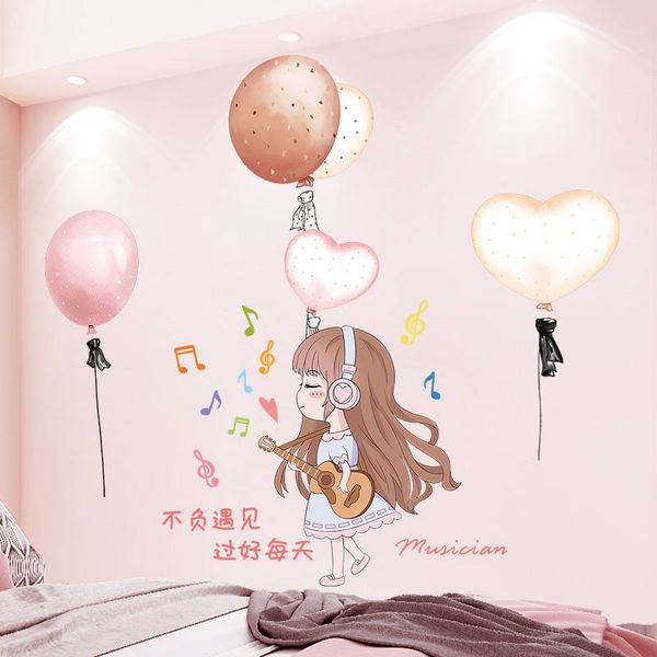 

[shijuekongjian] cartoon girl guitarist wall stickers diy balloons mural decals for house kids bedroom baby room decoration