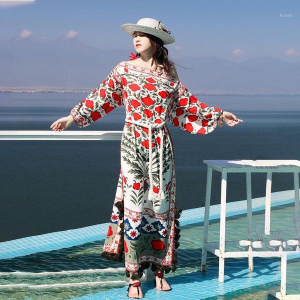 

ewq] 2020 spring summer new arrivals slash neck wrist sleeve high waist pting pattern women casual loose dress ay05909s1, Black;gray