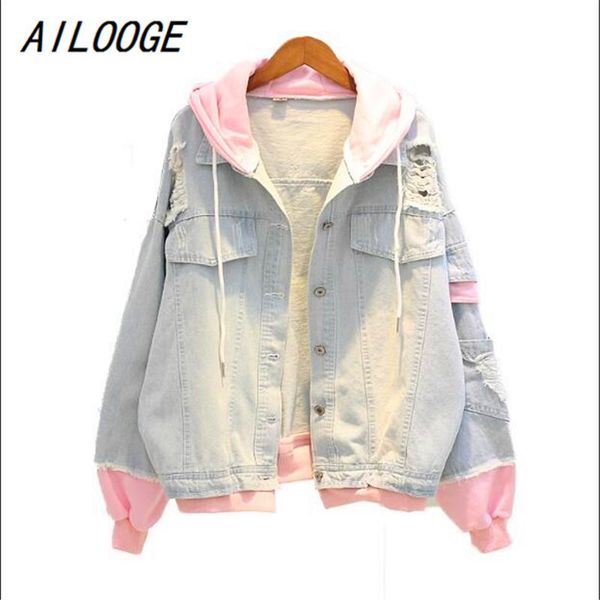 

women's jackets ailooge autumn hooded denim jacket for women casual bf jeans holes vintage coat female loose streetwear basic, Black;brown