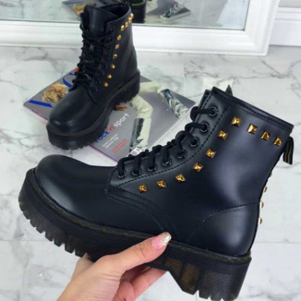 

boots 2021 winter metal decor anti-slip sole platform women lace up short booties school work casual shoes, Black