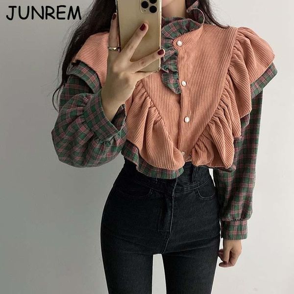 

2020 chic ruffle autumn winter women blouse corduroy splicing lattice femme vintage shirt all-match clothes feminina parker, White