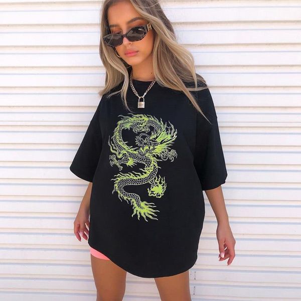 

women's t-shirt dragon print half sleeve o-neck casual oversized t-shirts ladies basic t-shirts white black summer streetwear