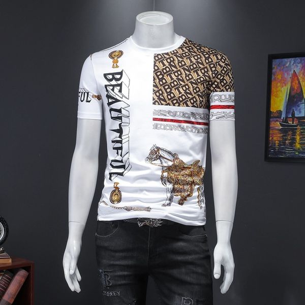 

2021 new men's t-shirts fashion t-shirts casual slim round neck short sleeve letter printing trendy short sleeve, White;black