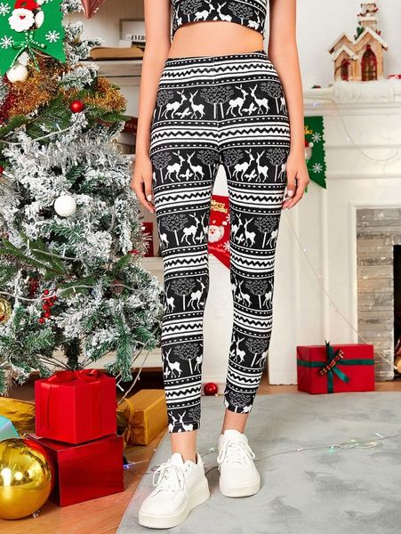 

christmas deer & chevron print leggings 88qt#, Black