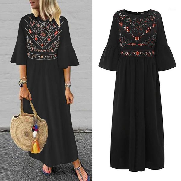 

zanzea summer beach party long dress 2020 women casual flare sleeve loose sundress fashion ruffled chic vestidos robe femme1, Black;gray