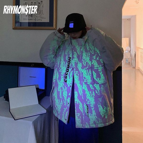 

rhymonster winter new luminous mulit-pockets thick parkas 2021 new stand-up collar zipped outwear mens casual warm overcoats1, Black