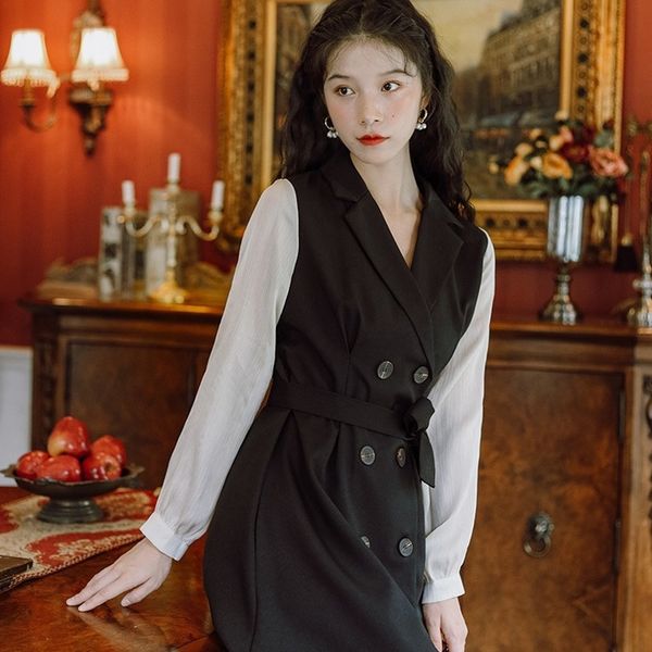 

2021 women mini party office lady elegant female one-piece dress korean sashes double breasted clothes spring 2021 3y61, Black;gray
