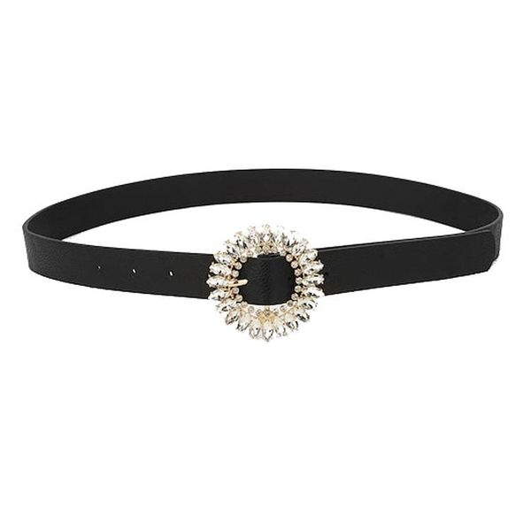 

pu leather women's belt with glass diamond buckle fashion leather thin belt black waistband bl531, Black;brown