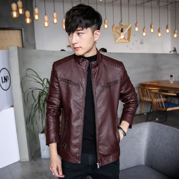 

2020 new spring and autumn thin tide jacket pu wash leather stand collar men's coat, Black;brown