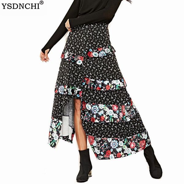 

skirts ysdnchi summer elegantÂ bohoÂ skirt split printing balck fashion asymmetry women spring female ruffle splicing maxi bottom, Black