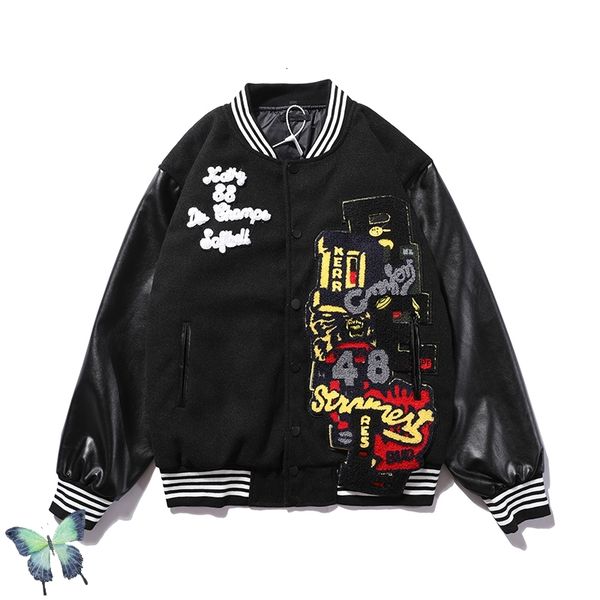 

2021 new autumn winter patchwork embroidery baseball uniform men's hip-hop stand-up zipper jacket 59da, Black