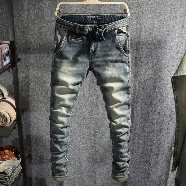 

2021 new fashion streetwear retro washed slim fit painted hip hop men pants italian style vintage designer jeans homme yyz1, Blue