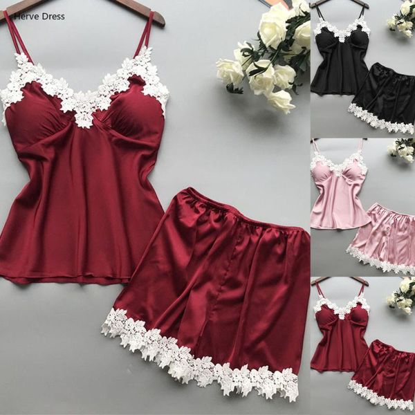 

women's sleepwear 2021 sleep lounge set satin women summer pyjama femme fashion flower robe for with chest pad, Black;red