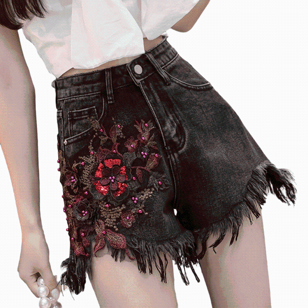 

embroidery high waist shorts women summer new black wide leg denim shorts for women ants vintage casual jean c6517, White;black