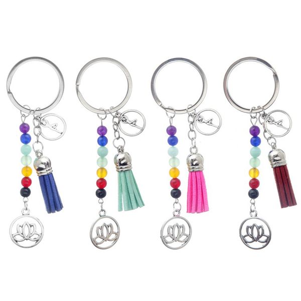 

colorful chakra stone tassel keychain pendant lotus reiki healing yoga natural gemstone beaded keychain creative keyring gift, Silver