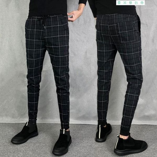 

harem pants with waistband men's nine-point casual pants pure black men's plaid slim-fit feet thin trousers1