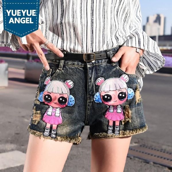 

fashion harajuka cartoo embroidery rivet hole ripped womens denim shorts preppy style female straight shorts casual streetwear1, Blue
