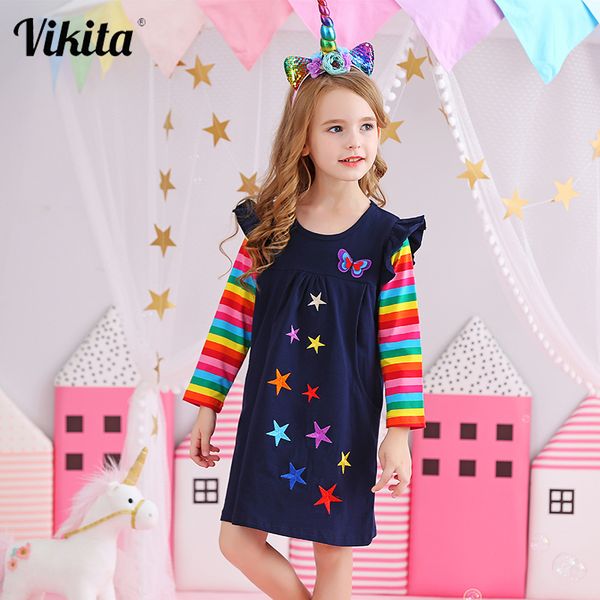 

vikita brand girls dresses kids baby striped roupa infantil dress child clothes girls butterfly star embroidery cartoon dresses 201204, Red;yellow