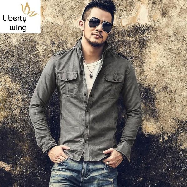 

fashion mens suede new safari style single breasted slim fit shirts faux leather shirt chemise homme, White;black