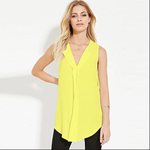

2019 summer loose sleeveless deep v neck chiffon blouse of large size womens shirts asymmetric blouse woman plus size clothing, White