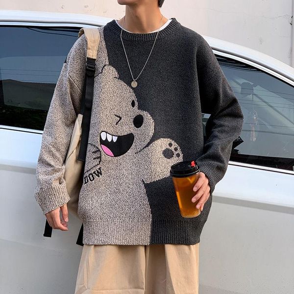 

2020 men's trendy streetwear cartoon pullover wool sweater casual knitwear loose coats clothes round neck cashmere knitting, White;black