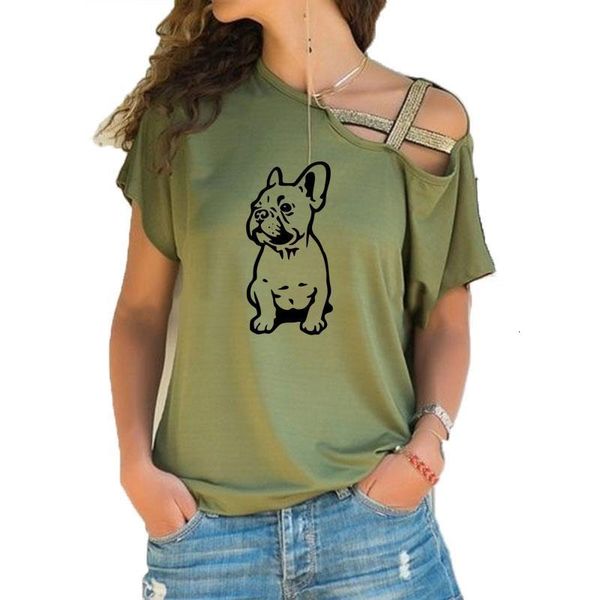 

new summer french bulldog t shirt women cotton short sleeve girls tshirt lovely dog t-shirt irregular skew cross bandage tee, White